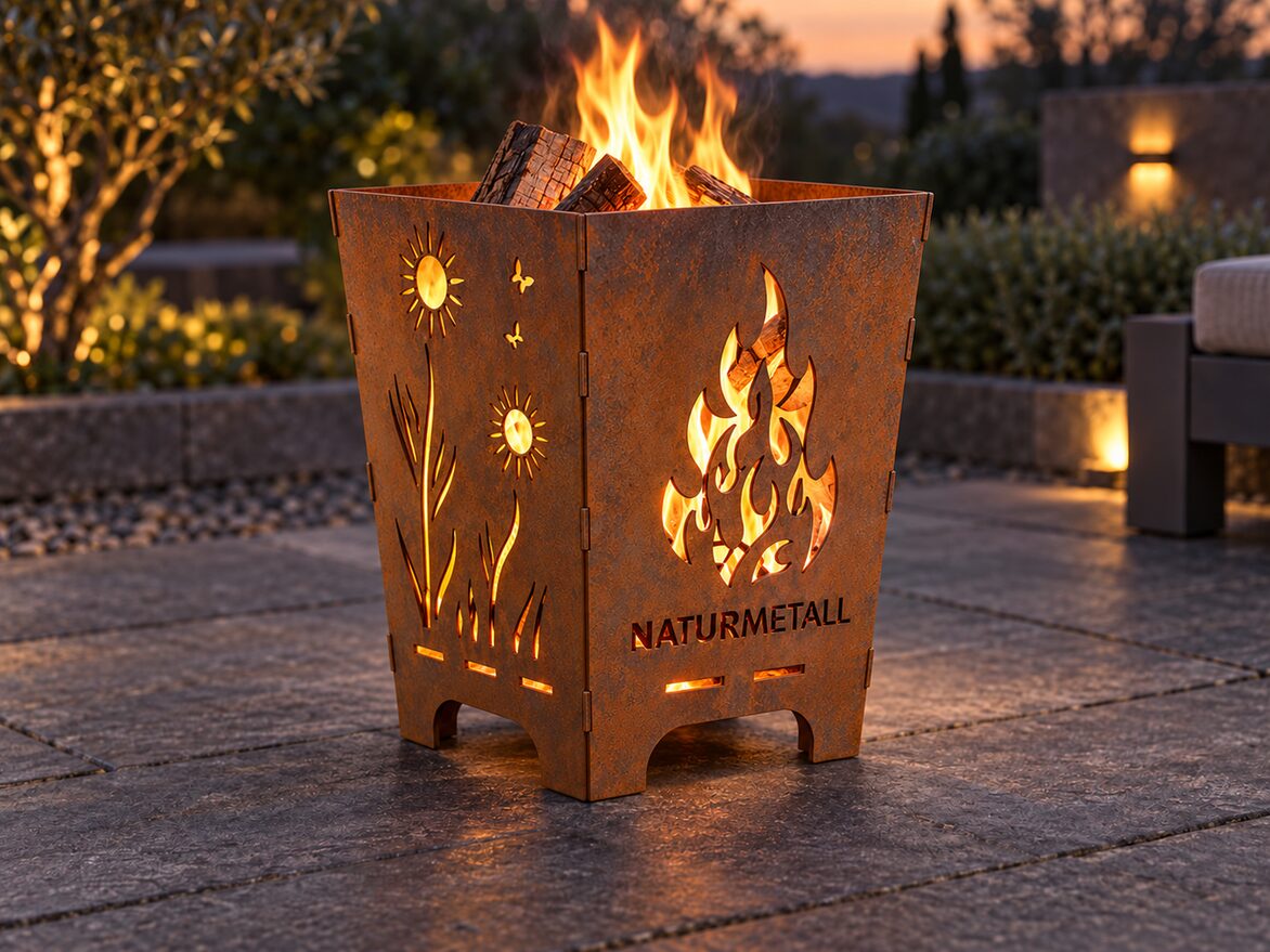 Feuerkorb aus Stahl mit brennendem Holz