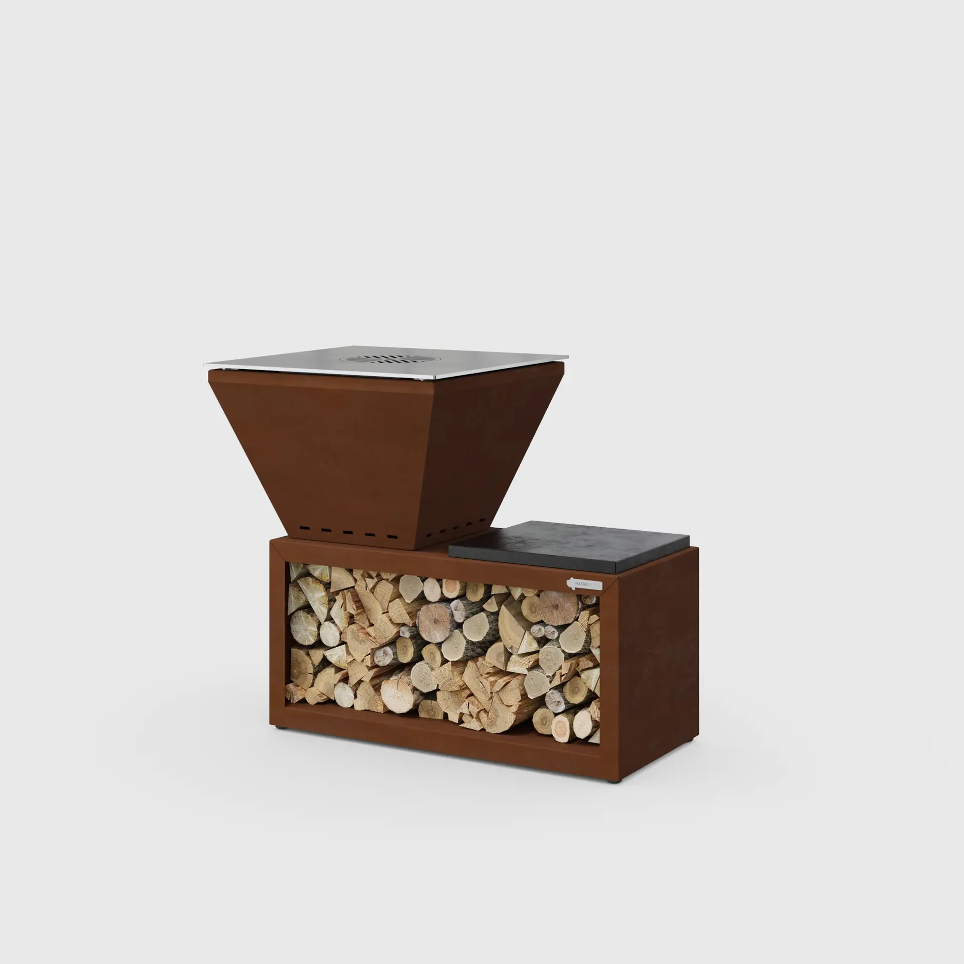 Grill Kubus aus Cortenstahl mit Holzlager