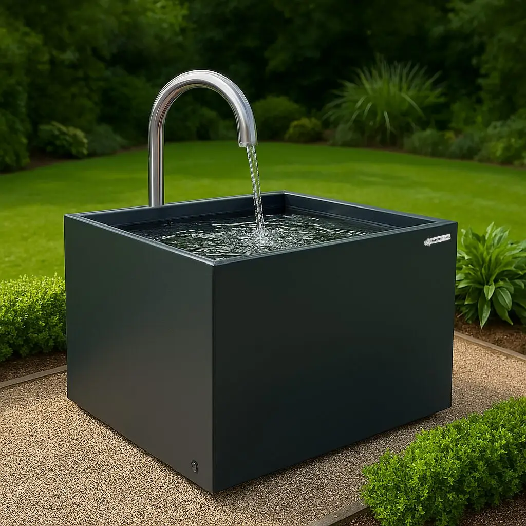 Wassertrog, farbbeschichtet in Anthrazit, mit gebogenem Brunneneinlaufrohr aus Edelstahl