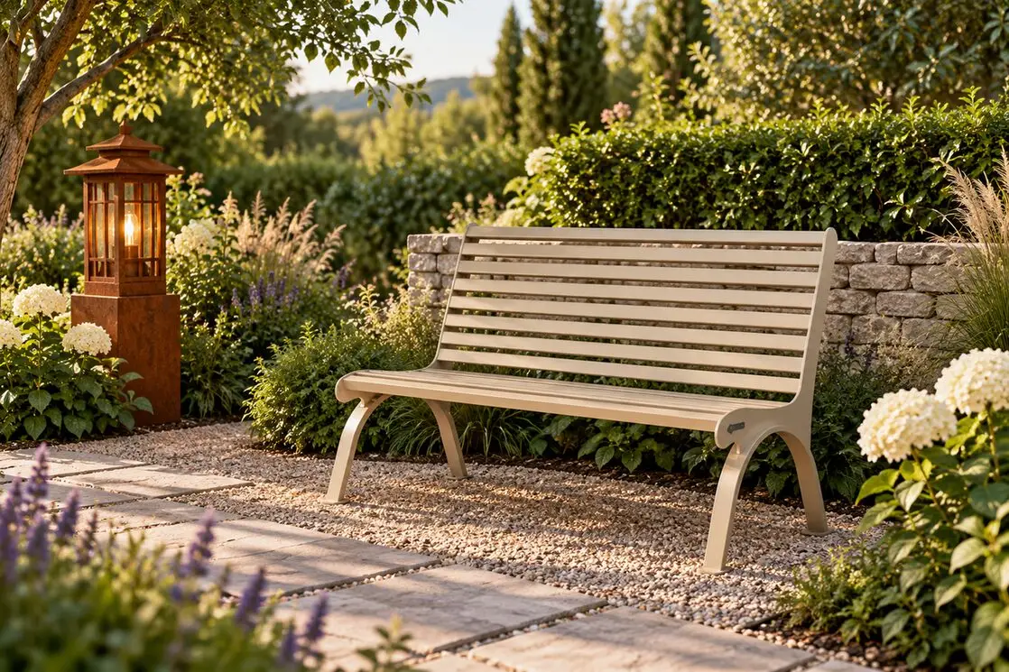 Moderne Gartenbank in Hellelfenbein in einem Garten