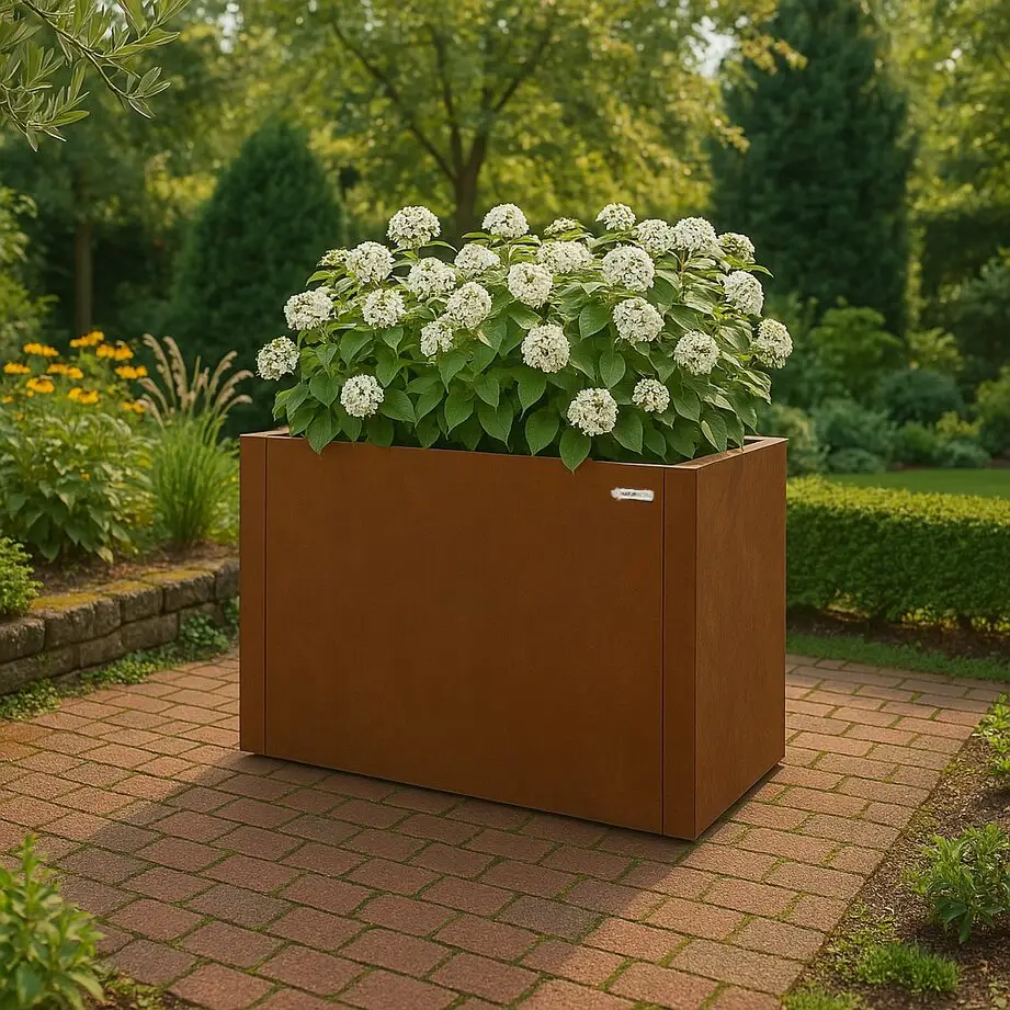 Modulares Hochbeet aus Cortenstahl mit Hortensien