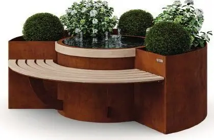 Produktbild: runder Pflanztrog aus Cortenstahl mit Sitzbank und Quellbrunnen