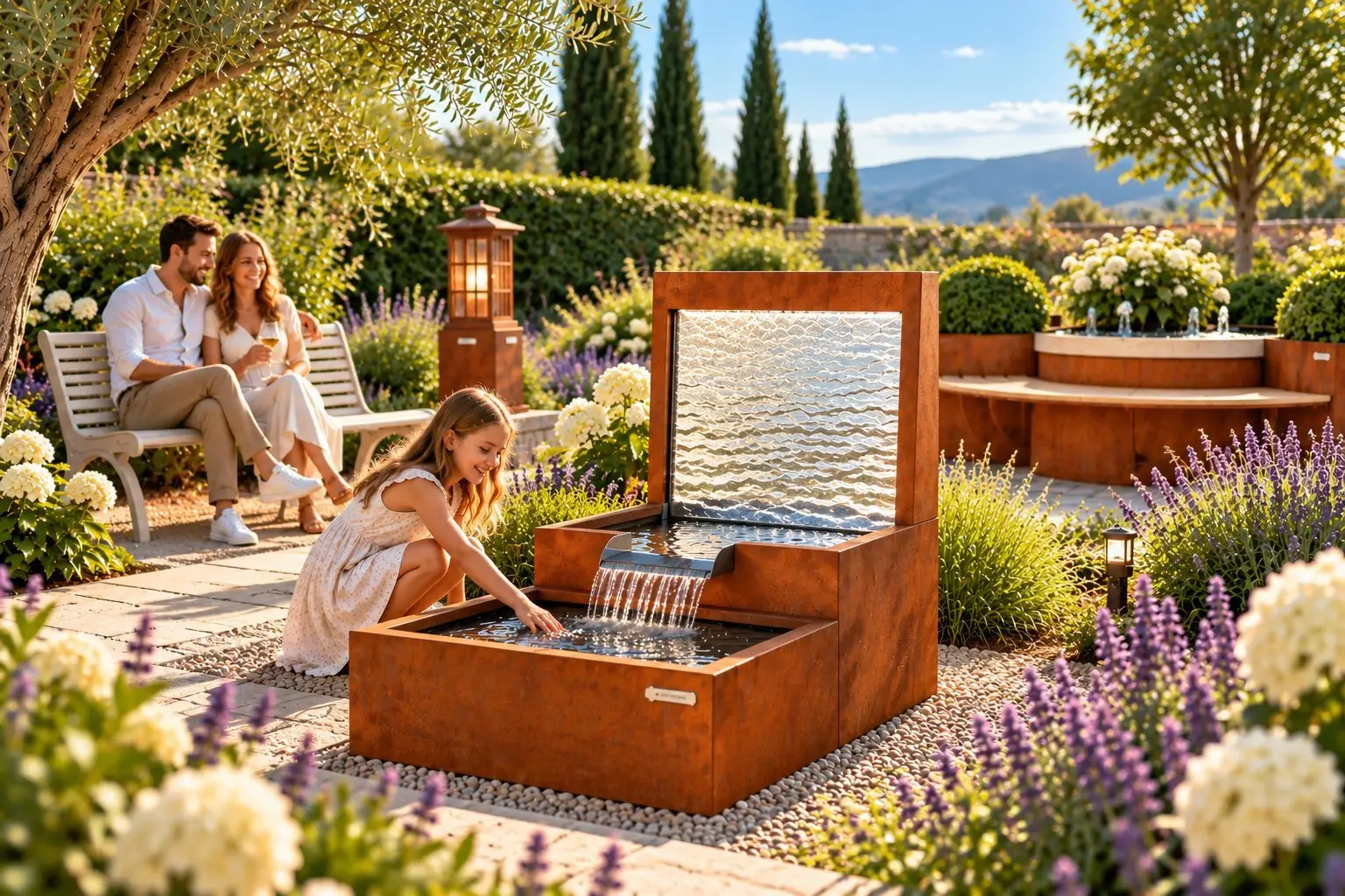Zweistufiges Wasserbecken aus Cortenstahl mit Wasserrutsche in einem sonnigen Garten mit Lavendel, ein Mädchen greift ins Wasser, ein Paar sitzt auf einer Bank, daneben eine Gartenlaterne und ein runder Pflanztrog mit Sitzbank